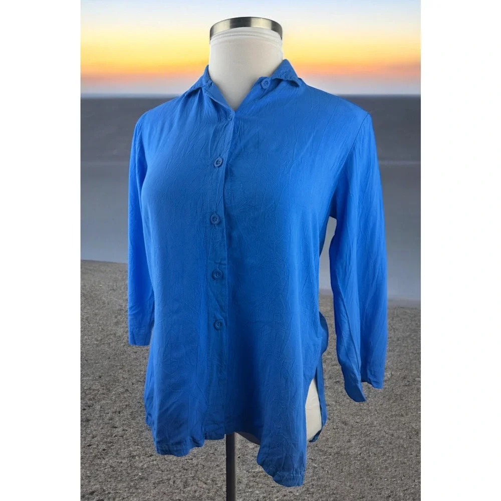 Jams World Solid Dutch Blue Button Blouse Crinkle Shirt Sz Small 3/4 Sleeve Top - Picture 16 of 16